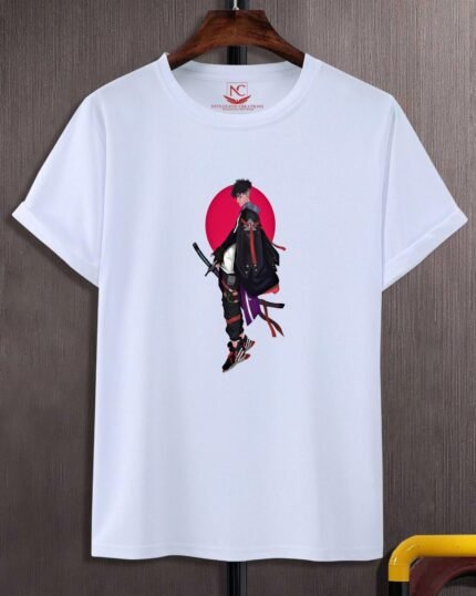 Round Neck Raiden Kage: The Summoner of Blades Printed White T-Shirt – Embrace the Power of the Warrior