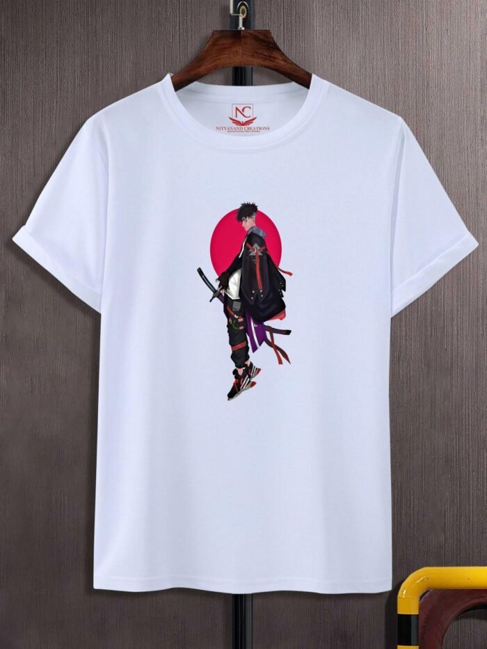 Round Neck Raiden Kage: The Summoner of Blades Printed White T-Shirt – Embrace the Power of the Warrior