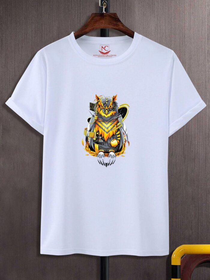Cyber Owl Graphic Printed White T-shirt
